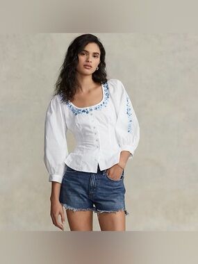 Polo by Ralph Lauren Floral Embroidered Corset Button Down Top in White & Blue